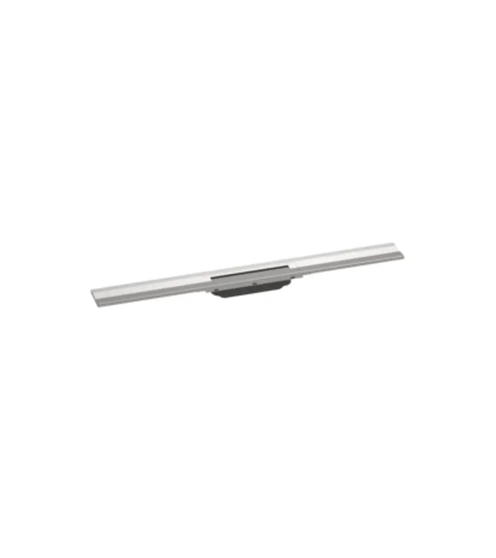 Duschrinne aus gebürstetem Edelstahl mit einer länglichen Form, geeignet für die Wandmontage. Von Hansgrohe, ideal für die Integration in Badezimmerdesigns.